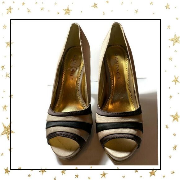 Rampage Beige Brown Peep Toe Fabric Heels - Picture 3 of 7